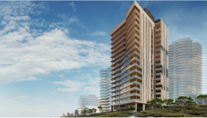 a tall building render with many windows in Main Beach