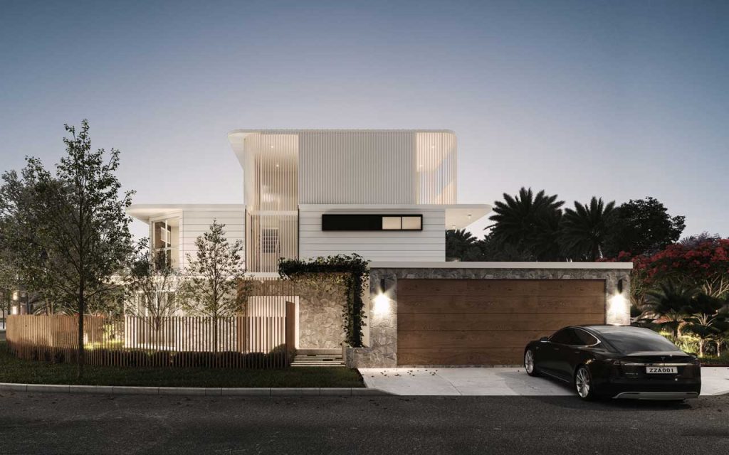 Render of a domestic property in a suburban street with car parked in driveway