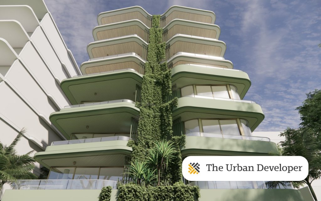 Render of an Elevate town planning project residential tower on the Gold Coast and The Urban Developer logo